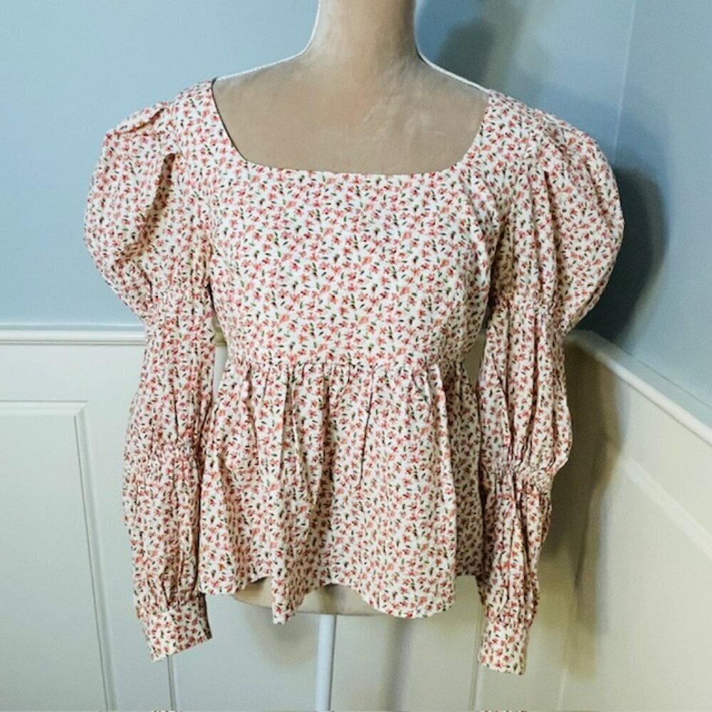 Hyacinth House Tuckernuck Peplum Clemons Blouse Puff Sleeve Floral Small - Picture 3 of 9